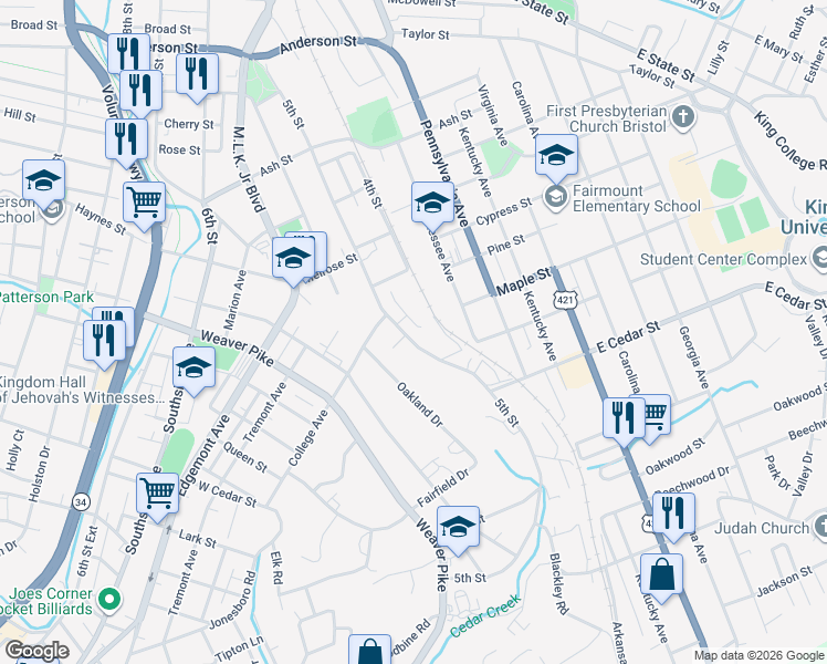 map of restaurants, bars, coffee shops, grocery stores, and more near 1006 5th Street in Bristol