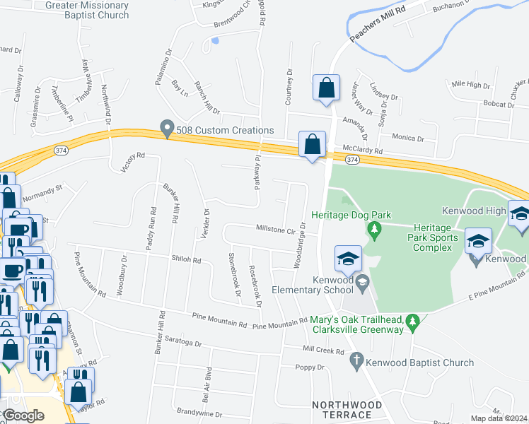map of restaurants, bars, coffee shops, grocery stores, and more near 1210 Pebble Court in Clarksville