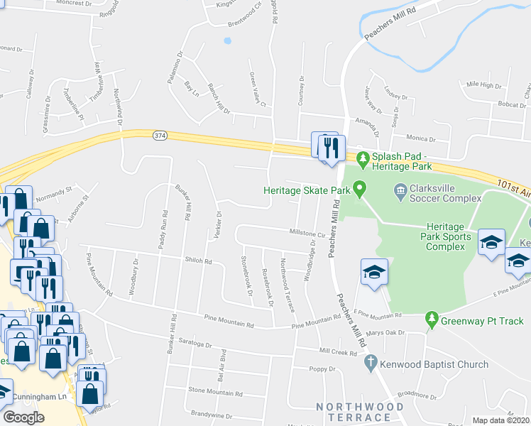 map of restaurants, bars, coffee shops, grocery stores, and more near 1239 Parkway Place in Clarksville