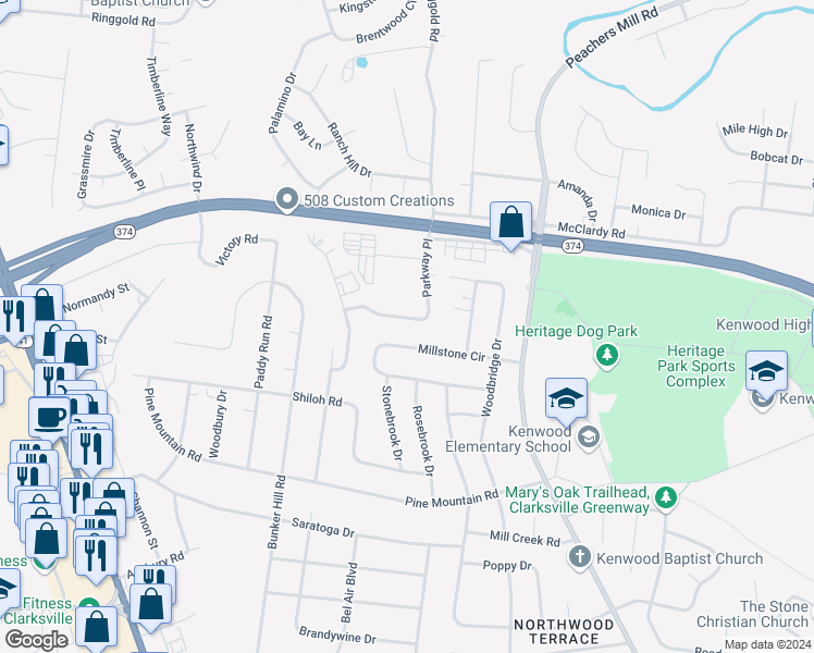 map of restaurants, bars, coffee shops, grocery stores, and more near 1239 Parkway Place in Clarksville