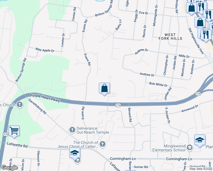 map of restaurants, bars, coffee shops, grocery stores, and more near 313 Rowand Court in Clarksville
