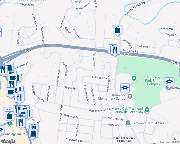 map of restaurants, bars, coffee shops, grocery stores, and more near 1239 Parkway Place in Clarksville