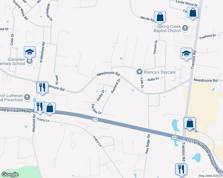 map of restaurants, bars, coffee shops, grocery stores, and more near 580 Cory Drive in Clarksville