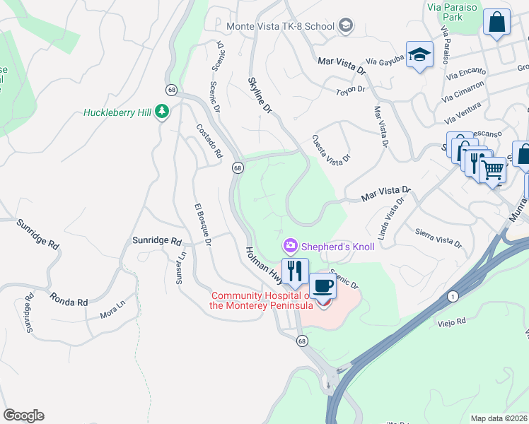 map of restaurants, bars, coffee shops, grocery stores, and more near 8 Shepherds Place in Monterey