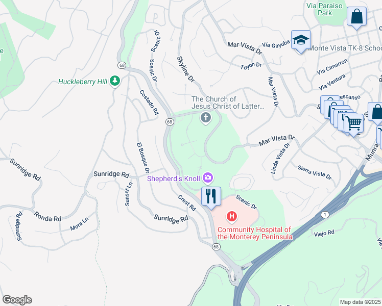map of restaurants, bars, coffee shops, grocery stores, and more near 9 Shepherds Place in Monterey