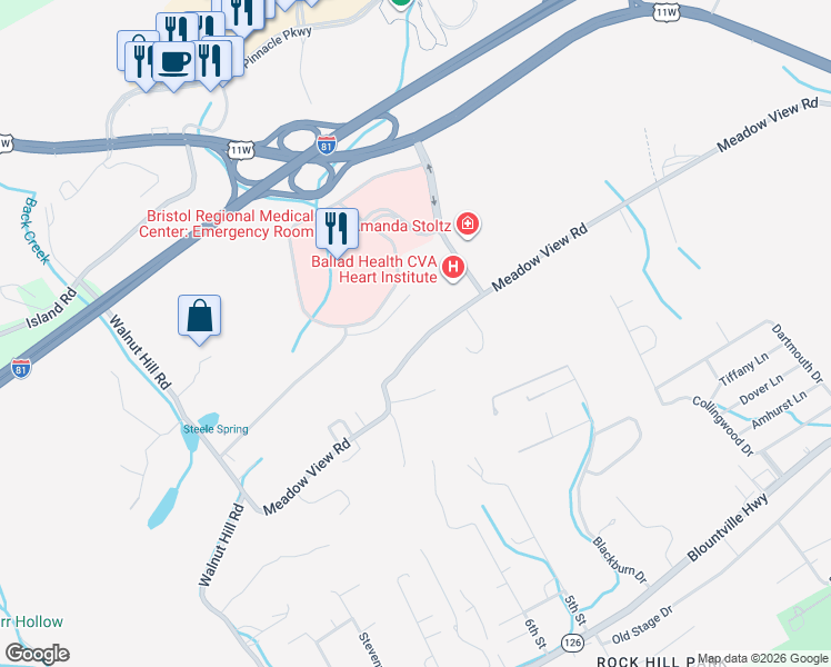 map of restaurants, bars, coffee shops, grocery stores, and more near 774 Meadow View Rd in Bristol