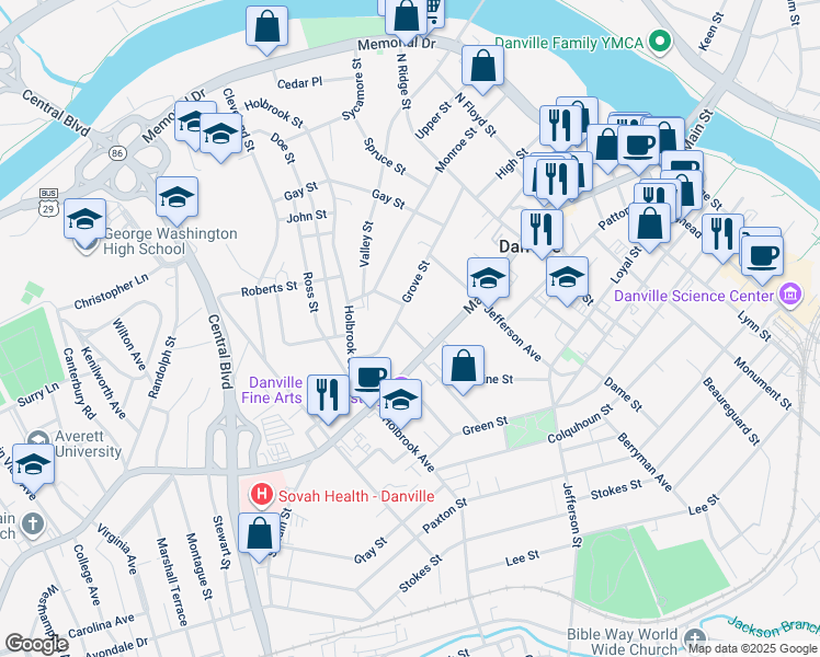 map of restaurants, bars, coffee shops, grocery stores, and more near 16 Chestnut Place in Danville
