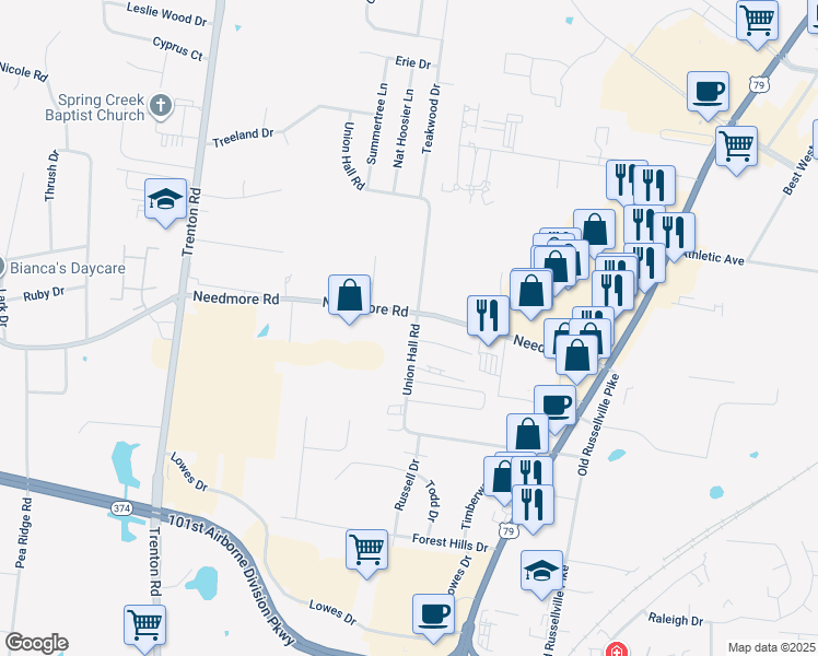 map of restaurants, bars, coffee shops, grocery stores, and more near 2628 Union Hall Road in Clarksville