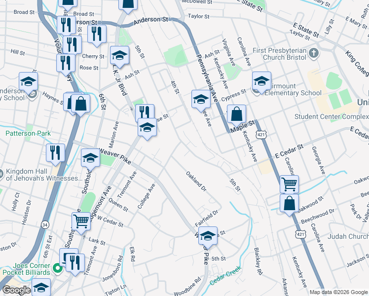 map of restaurants, bars, coffee shops, grocery stores, and more near 1006 5th Street in Bristol