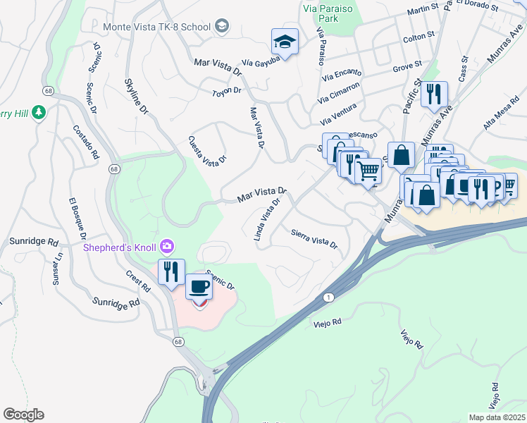 map of restaurants, bars, coffee shops, grocery stores, and more near 5 Linda Vista Pl in Monterey