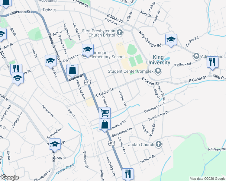 map of restaurants, bars, coffee shops, grocery stores, and more near 1201 Maryland Avenue in Bristol