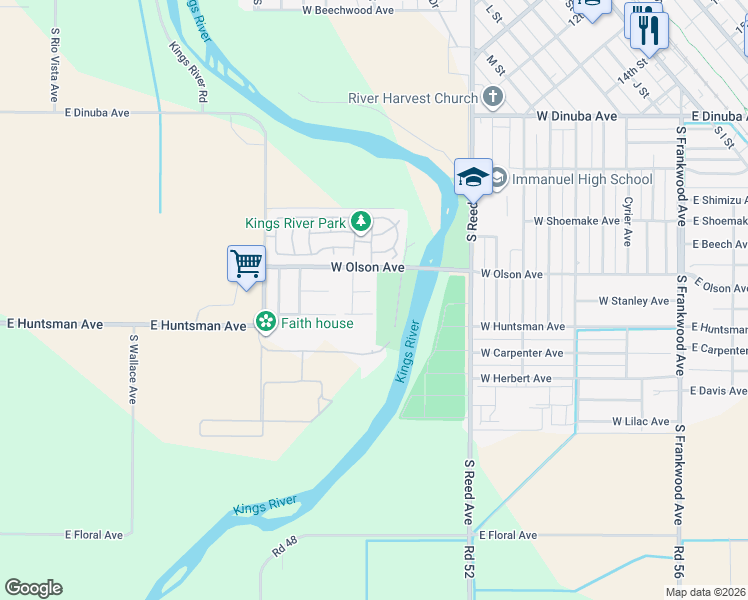 map of restaurants, bars, coffee shops, grocery stores, and more near 1275 West Kramer Ridge Road in Reedley