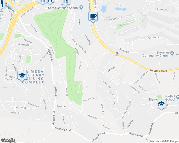 map of restaurants, bars, coffee shops, grocery stores, and more near 1241 Sylvan Road in Monterey