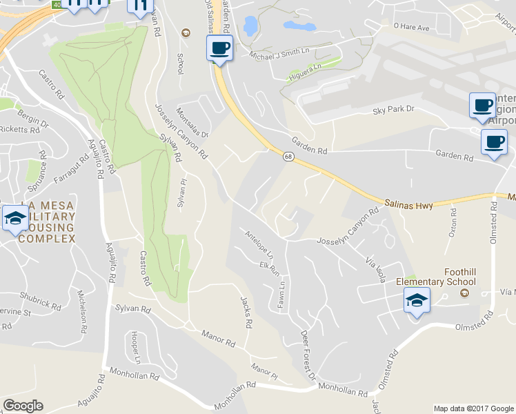 map of restaurants, bars, coffee shops, grocery stores, and more near 27 Twin Oaks Drive in Monterey