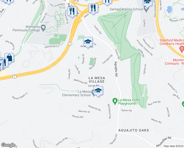 map of restaurants, bars, coffee shops, grocery stores, and more near 1200 Fechteler Drive in Monterey
