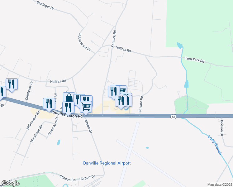 map of restaurants, bars, coffee shops, grocery stores, and more near 1461 South Boston Road in Danville