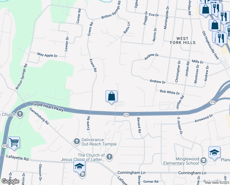 map of restaurants, bars, coffee shops, grocery stores, and more near 1213 Ashridge Drive in Clarksville