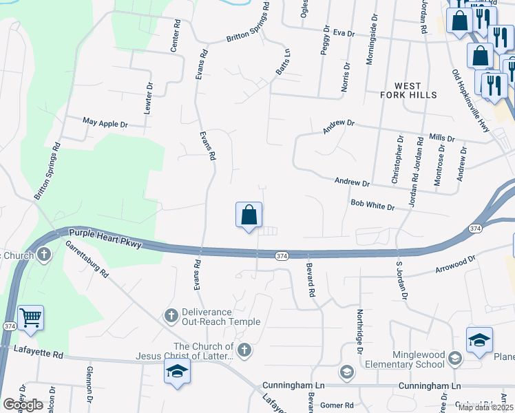 map of restaurants, bars, coffee shops, grocery stores, and more near 1210 Ashridge Drive in Clarksville