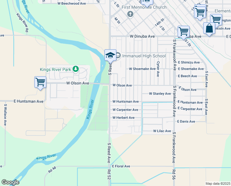 map of restaurants, bars, coffee shops, grocery stores, and more near 1577 South Riverview Avenue in Reedley