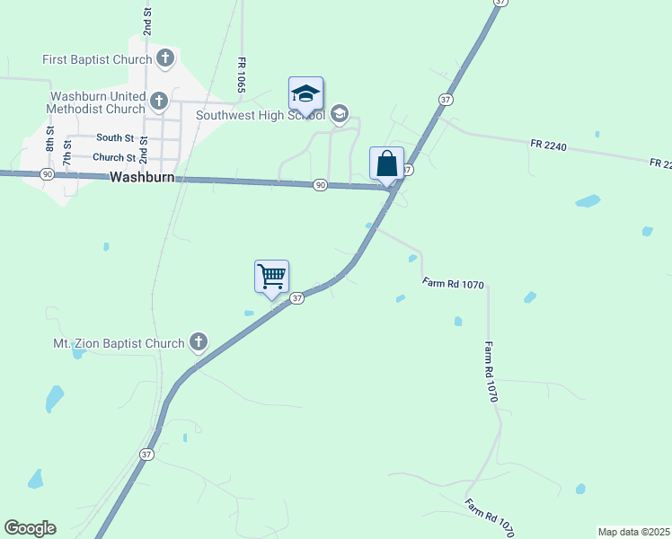 map of restaurants, bars, coffee shops, grocery stores, and more near 519 Old Wire Road in Washburn