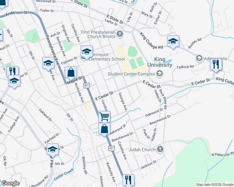map of restaurants, bars, coffee shops, grocery stores, and more near 1202 Georgia Avenue in Bristol