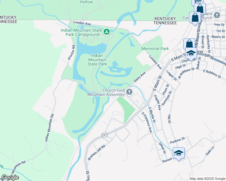 map of restaurants, bars, coffee shops, grocery stores, and more near 307 Indian Mountain Road in Jellico