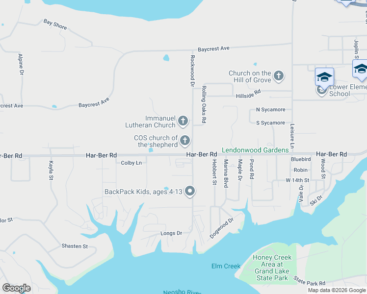 map of restaurants, bars, coffee shops, grocery stores, and more near 1600 Har-Ber Road in Grove