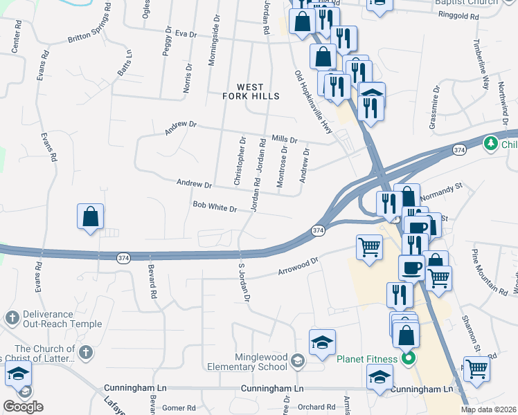 map of restaurants, bars, coffee shops, grocery stores, and more near 420 Jordan Road in Clarksville