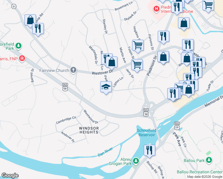 map of restaurants, bars, coffee shops, grocery stores, and more near 661 Park Avenue in Danville