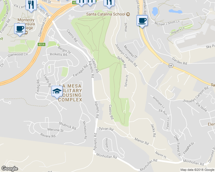 map of restaurants, bars, coffee shops, grocery stores, and more near 33 Castro Road in Monterey