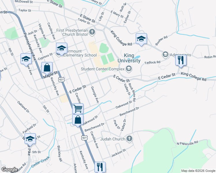 map of restaurants, bars, coffee shops, grocery stores, and more near 1212 Golf St in Bristol