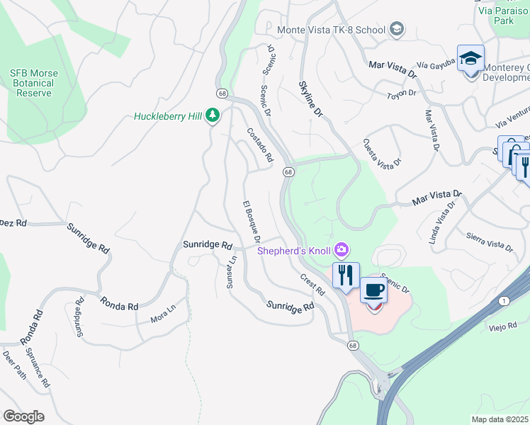 map of restaurants, bars, coffee shops, grocery stores, and more near 4080 Crest Road in Del Monte Forest