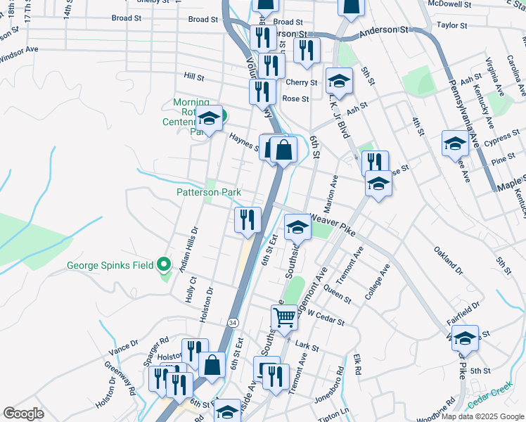 map of restaurants, bars, coffee shops, grocery stores, and more near 710 Volunteer Parkway in Bristol