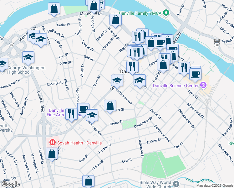 map of restaurants, bars, coffee shops, grocery stores, and more near 120 Jefferson Avenue in Danville