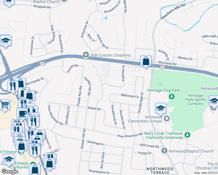 map of restaurants, bars, coffee shops, grocery stores, and more near 1233 Parkway Place in Clarksville