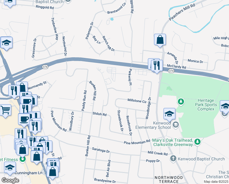 map of restaurants, bars, coffee shops, grocery stores, and more near 1233 Parkway Place in Clarksville