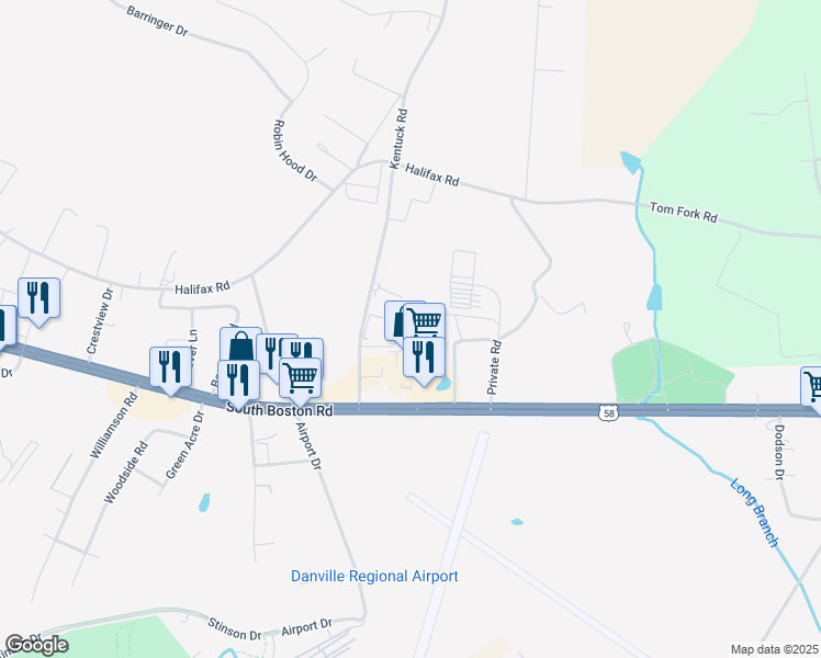 map of restaurants, bars, coffee shops, grocery stores, and more near 1461 South Boston Road in Danville