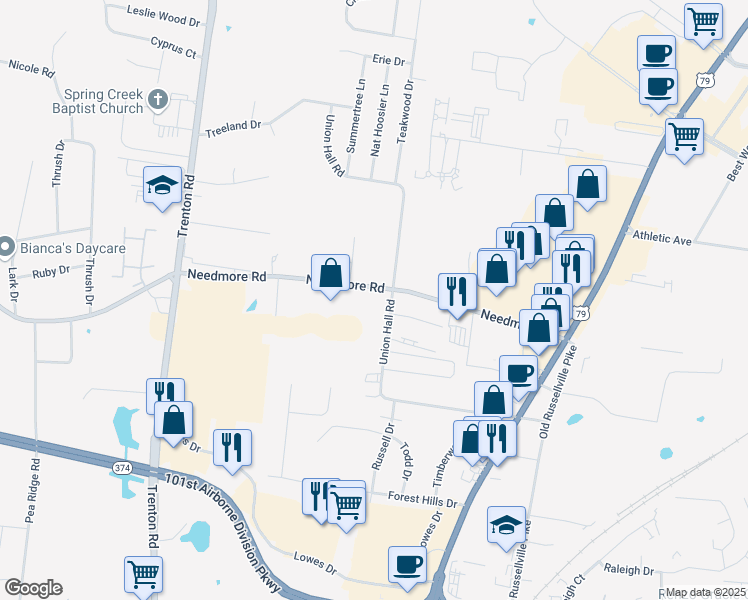 map of restaurants, bars, coffee shops, grocery stores, and more near 2628 Union Hall Road in Clarksville