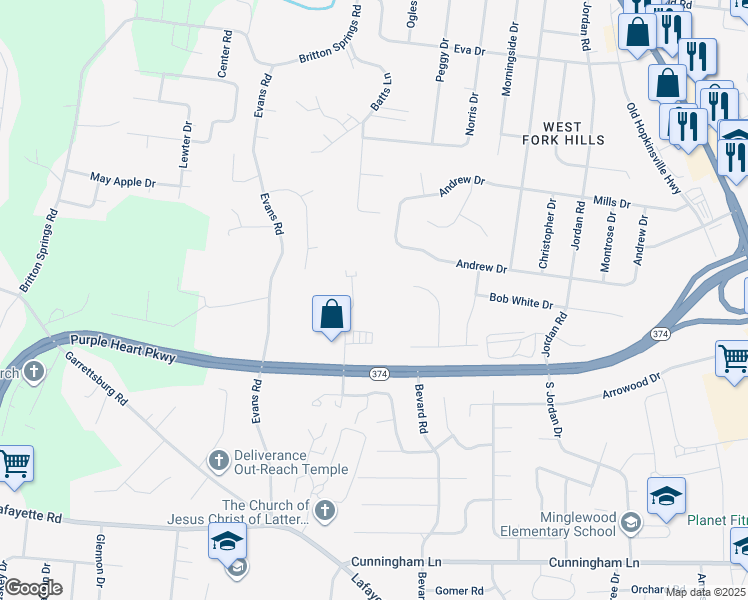 map of restaurants, bars, coffee shops, grocery stores, and more near 1213 Ashridge Drive in Clarksville