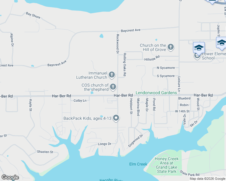 map of restaurants, bars, coffee shops, grocery stores, and more near 1600 Har-Ber Road in Grove