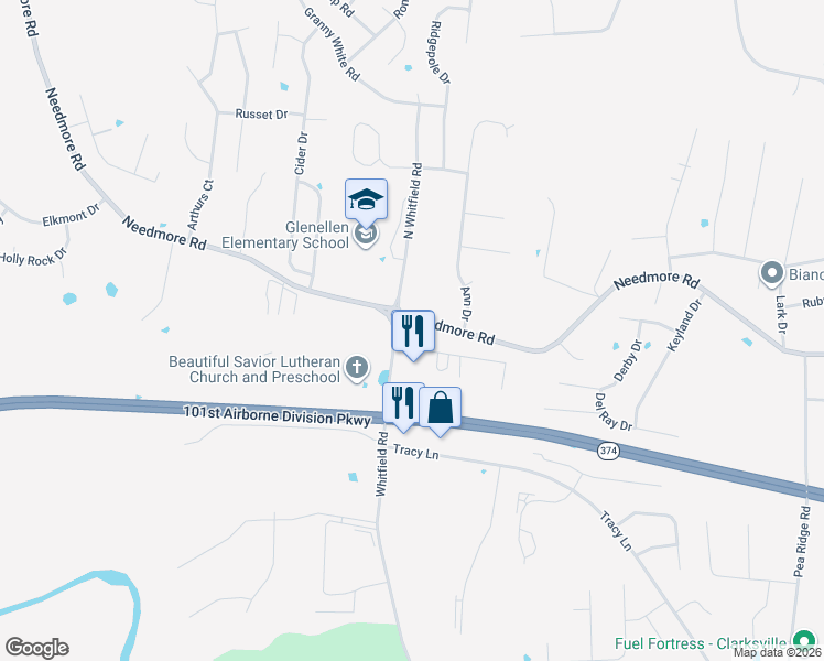 map of restaurants, bars, coffee shops, grocery stores, and more near 770 Needmore Road in Clarksville