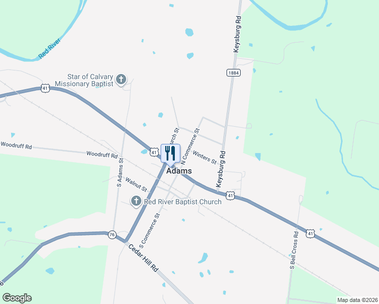 map of restaurants, bars, coffee shops, grocery stores, and more near 112 North Commerce Street in Adams