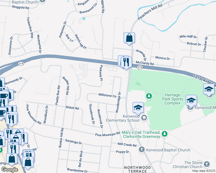 map of restaurants, bars, coffee shops, grocery stores, and more near 1210 Pebble Court in Clarksville