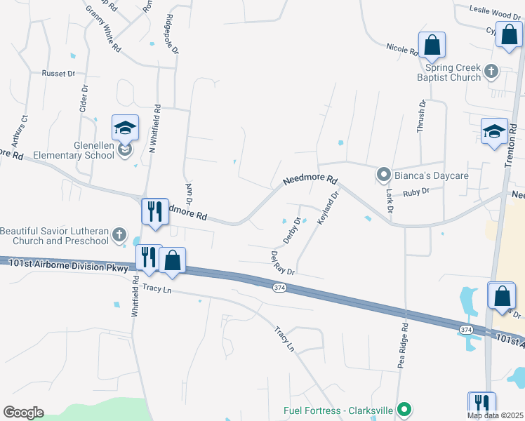 map of restaurants, bars, coffee shops, grocery stores, and more near 690 Needmore Road in Clarksville
