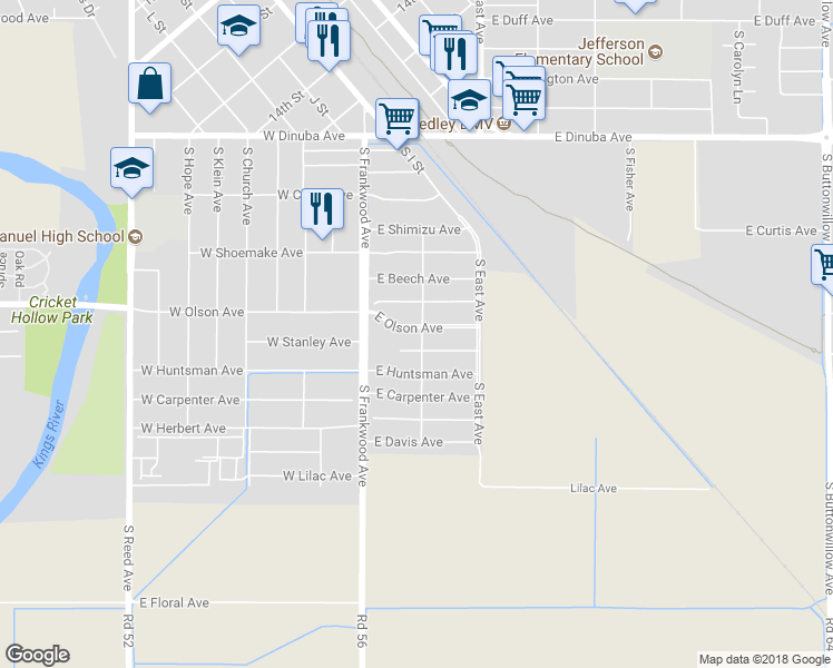 map of restaurants, bars, coffee shops, grocery stores, and more near 291 East Olson Avenue in Reedley