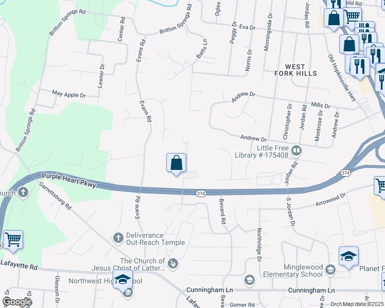 map of restaurants, bars, coffee shops, grocery stores, and more near 1213 Ashridge Drive in Clarksville