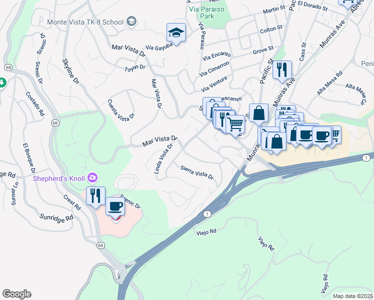 map of restaurants, bars, coffee shops, grocery stores, and more near 198 Mar Vista Drive in Monterey