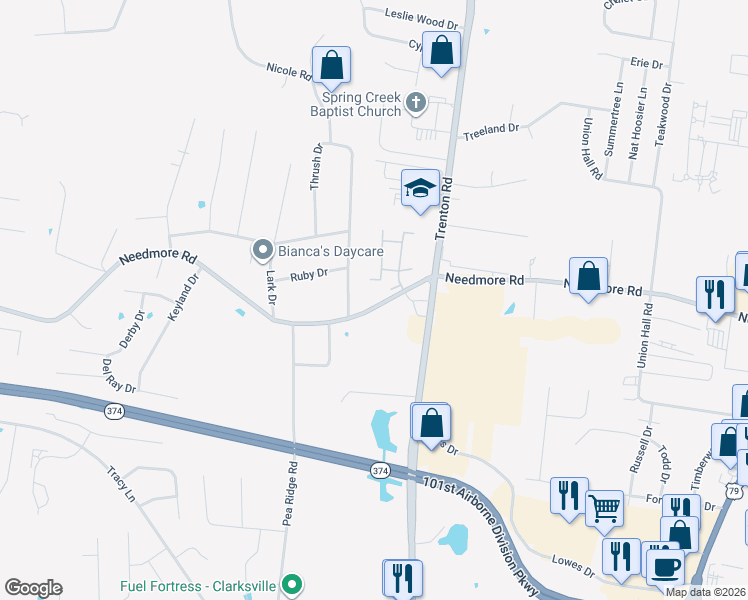 map of restaurants, bars, coffee shops, grocery stores, and more near 455 Needmore Road in Clarksville
