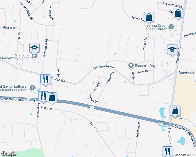 map of restaurants, bars, coffee shops, grocery stores, and more near 592 Cory Dr in Clarksville