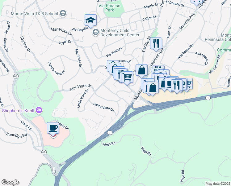 map of restaurants, bars, coffee shops, grocery stores, and more near 130 Mar Vista Drive in Monterey